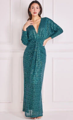 Goddiva Dual Tone Patterned Sequin Plunge Neck Maxi Dress