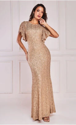 Goddiva Sequin Flutter Sleeve Maxi Dress