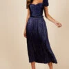 Little Mistress Jackson Navy Gold Foil Satin Pleated Belted Midaxi Dress
