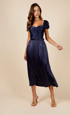 Little Mistress Jackson Navy Gold Foil Satin Pleated Belted Midaxi Dress