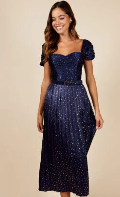 Little Mistress Jackson Navy Gold Foil Satin Pleated Belted Midaxi Dress -Occasion Couture Shop D18891R9E 2
