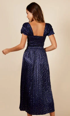 Little Mistress Jackson Navy Gold Foil Satin Pleated Belted Midaxi Dress -Occasion Couture Shop D18891R9E 4