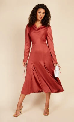Little Mistress Rust Satin Cowl Neck Midaxi Dress
