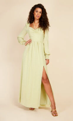 Little Mistress Chartreuse Check Tie Neck Maxi Dress