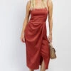 Little Mistress Rust Satin Scoop Neck Midi Dress