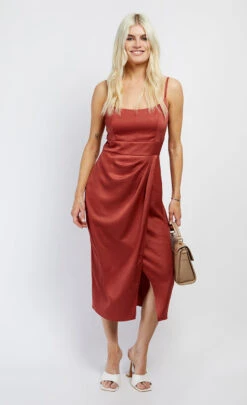 Little Mistress Rust Satin Scoop Neck Midi Dress