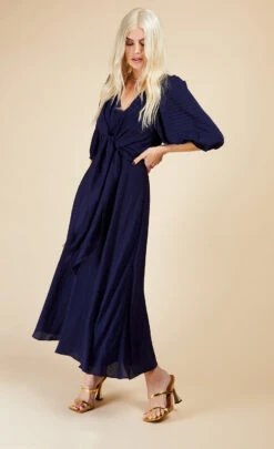 Little Mistress Navy Check Tie Detail Midaxi Dress