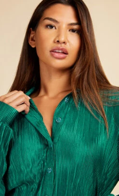 Little Mistress Bottle Green Plisse Shirt By Vogue Williams -Occasion Couture Shop D33711Q1A 3