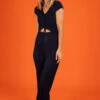 Little Mistress Navy Plisse Tie Detail Jumpsuit By Vogue Williams -Occasion Couture Shop D3371361A