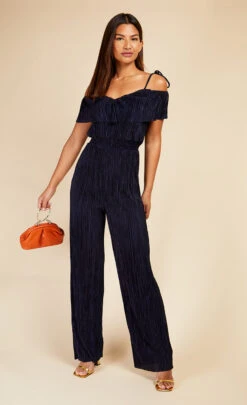 Little Mistress Navy Plisse Cold Shoulder Jumpsuit