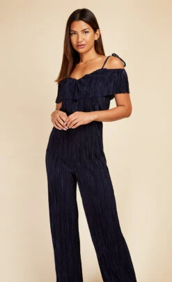 Little Mistress Navy Plisse Cold Shoulder Jumpsuit -Occasion Couture Shop D3374261A 2