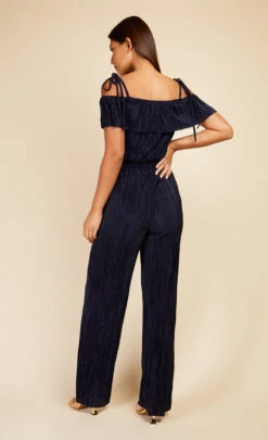 Little Mistress Navy Plisse Cold Shoulder Jumpsuit -Occasion Couture Shop D3374261A 4