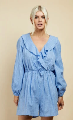 Little Mistress Cornflower Dobby Spot Frill Playsuit -Occasion Couture Shop D33743Q1A 2