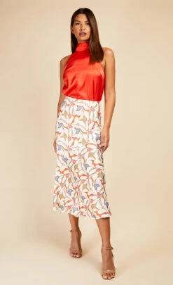 Little Mistress Leaf Print Diagonal Seam Midi Skirt