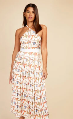 Little Mistress Leaf Print Pleated Midaxi Dress -Occasion Couture Shop D33747R1A 2