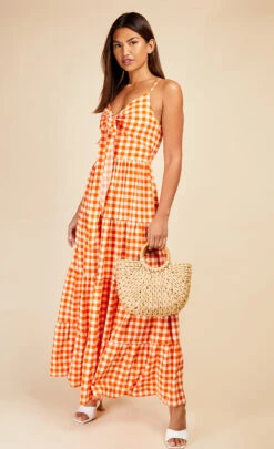 Little Mistress Orange Gingham Tie Front Maxi Dress