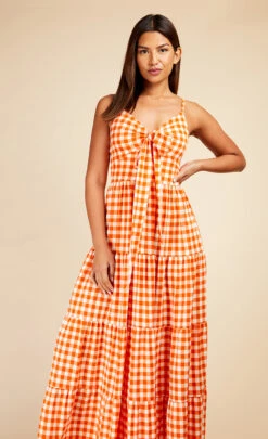 Little Mistress Orange Gingham Tie Front Maxi Dress -Occasion Couture Shop D33749D1A 2