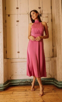 Little Mistress Pink Satin Halter Tie Midaxi Dress -Occasion Couture Shop D33750R1A