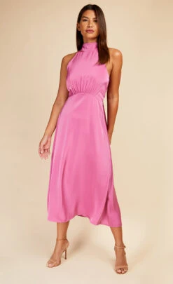 Little Mistress Pink Satin Halter Tie Midaxi Dress