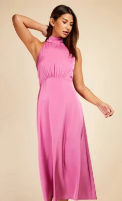 Little Mistress Pink Satin Halter Tie Midaxi Dress -Occasion Couture Shop D33750R1A 2