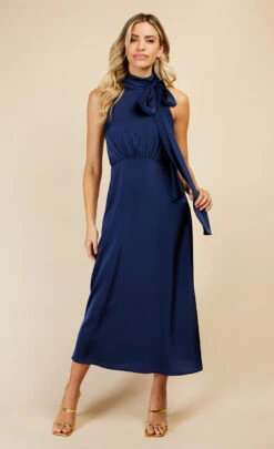 Little Mistress Navy Satin Halter Tie Midaxi Dress