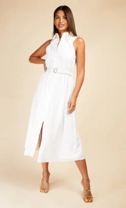 Little Mistress White Textured Belted Midaxi Shirt Dress -Occasion Couture Shop D33755R1A 1