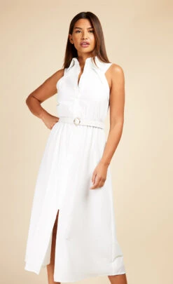 Little Mistress White Textured Belted Midaxi Shirt Dress -Occasion Couture Shop D33755R1A 2