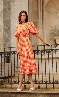 Little Mistress Orange Gingham Tiered Midaxi Dress