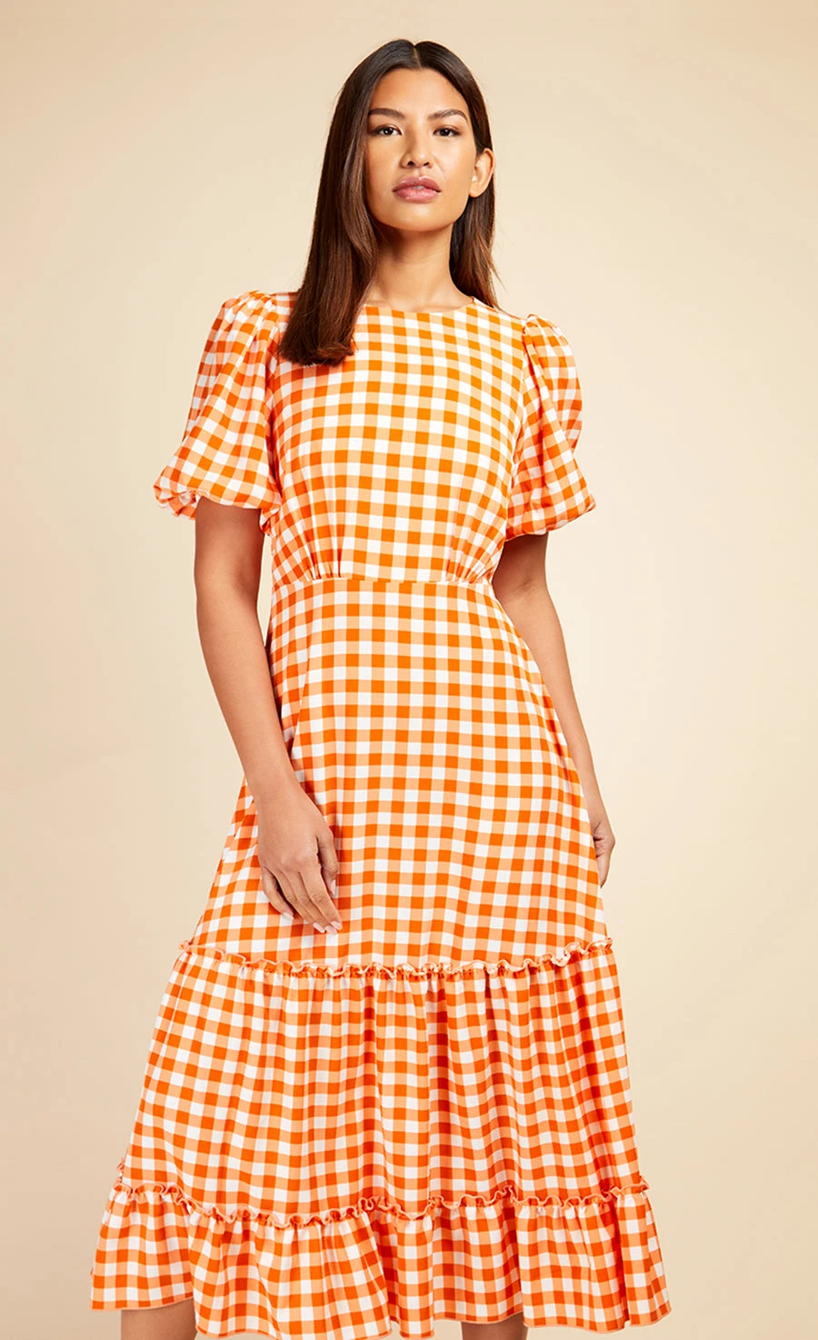Little Mistress Orange Gingham Tiered Midaxi Dress 5 Little Mistress Orange Gingham Tiered Midaxi Dress - Image 3