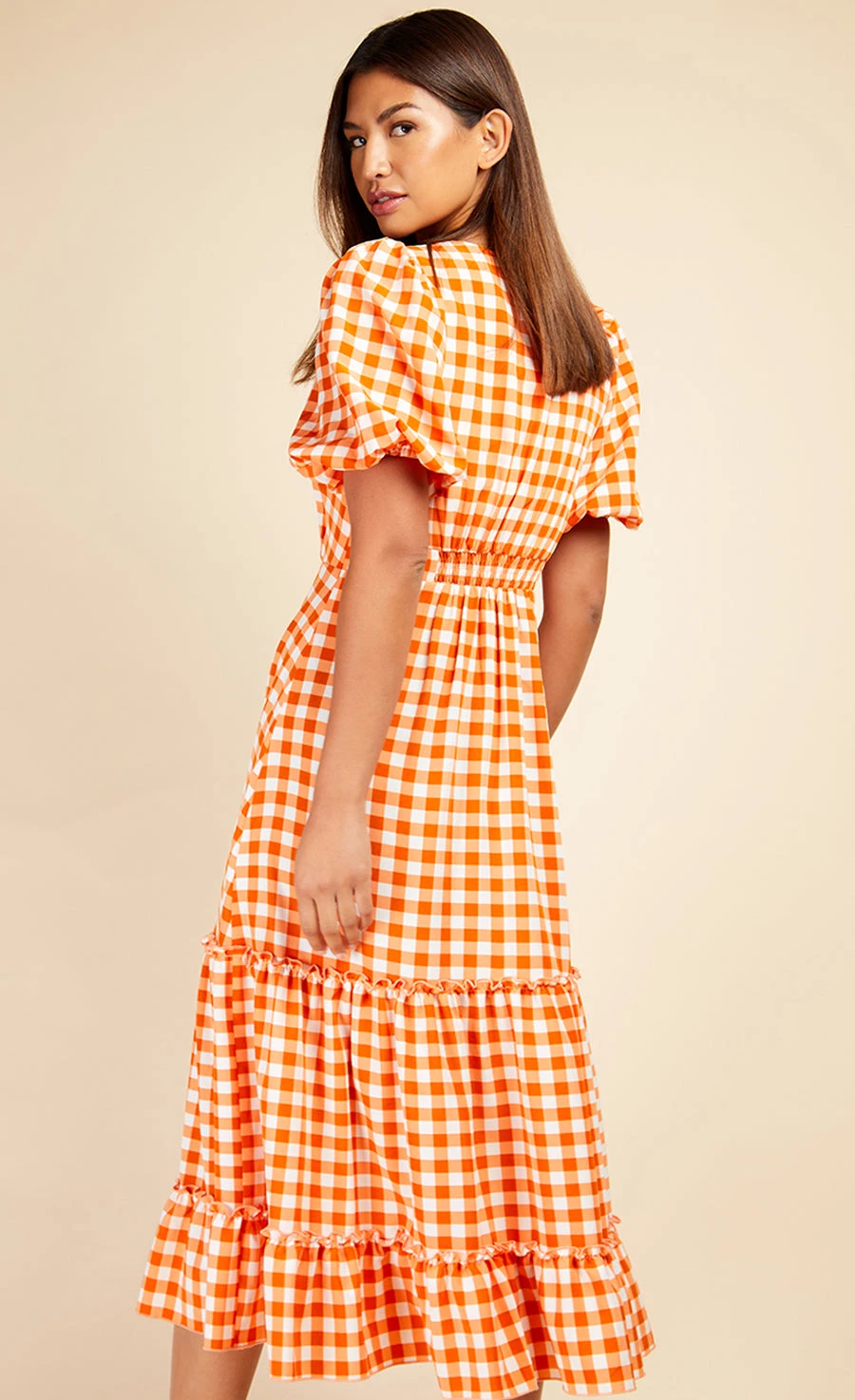 Little Mistress Orange Gingham Tiered Midaxi Dress 7 Little Mistress Orange Gingham Tiered Midaxi Dress - Image 5