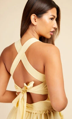 Little Mistress Butter Yellow Tie Back Shirred Midaxi Dress 12 Little Mistress Butter Yellow Tie Back Shirred Midaxi Dress -Occasion Couture Shop D33776R1A 3