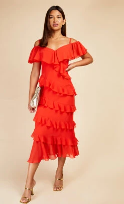 Little Mistress Tomato Red Frill Cold Shoulder Midaxi Dress -Occasion Couture Shop D33784R1A 1