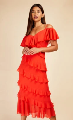 Little Mistress Tomato Red Frill Cold Shoulder Midaxi Dress -Occasion Couture Shop D33784R1A 2