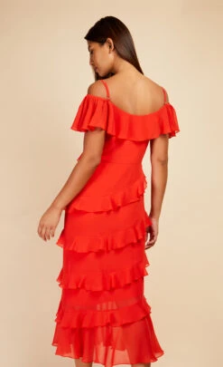 Little Mistress Tomato Red Frill Cold Shoulder Midaxi Dress -Occasion Couture Shop D33784R1A 4