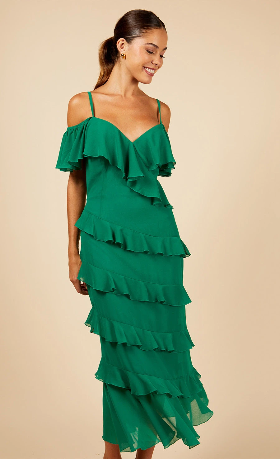 Little Mistress Green Frill Cold Shoulder Midi Dress 8 Little Mistress Green Frill Cold Shoulder Midi Dress - Image 6