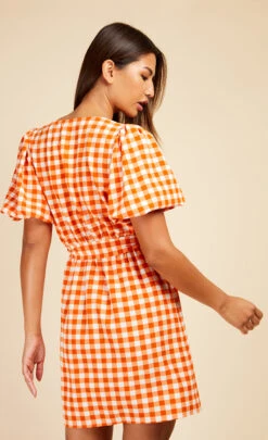 Little Mistress Orange Gingham Puff Sleeve Mini Wrap Dress -Occasion Couture Shop D33797B1A 4