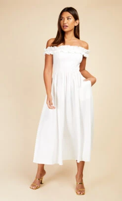Little Mistress White Waffle Texture Bardot Midi Dress