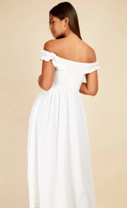 Little Mistress White Waffle Texture Bardot Midi Dress -Occasion Couture Shop D33800R1A 4