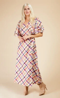 Little Mistress Check Layered Sleeve Midaxi Wrap Dress