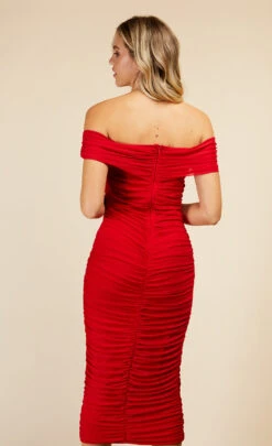 Little Mistress Hoxton Tomato Red Bardot Ruched Bodycon Midi Dress -Occasion Couture Shop D33894C3A 1