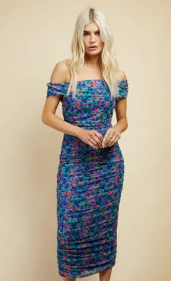 Little Mistress Blue Floral Print Ruched Bardot Midi Dress 8 Little Mistress Blue Floral Print Ruched Bardot Midi Dress -Occasion Couture Shop D33894C7B 2