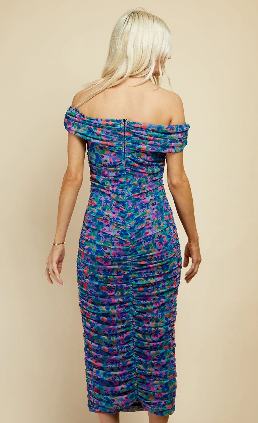 Little Mistress Blue Floral Print Ruched Bardot Midi Dress 6 Little Mistress Blue Floral Print Ruched Bardot Midi Dress - Image 4