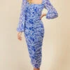 Little Mistress Blue Floral Print Ruched Midi Bodycon Dress 2 Little Mistress Blue Floral Print Ruched Midi Bodycon Dress -Occasion Couture Shop D34002C1A 1
