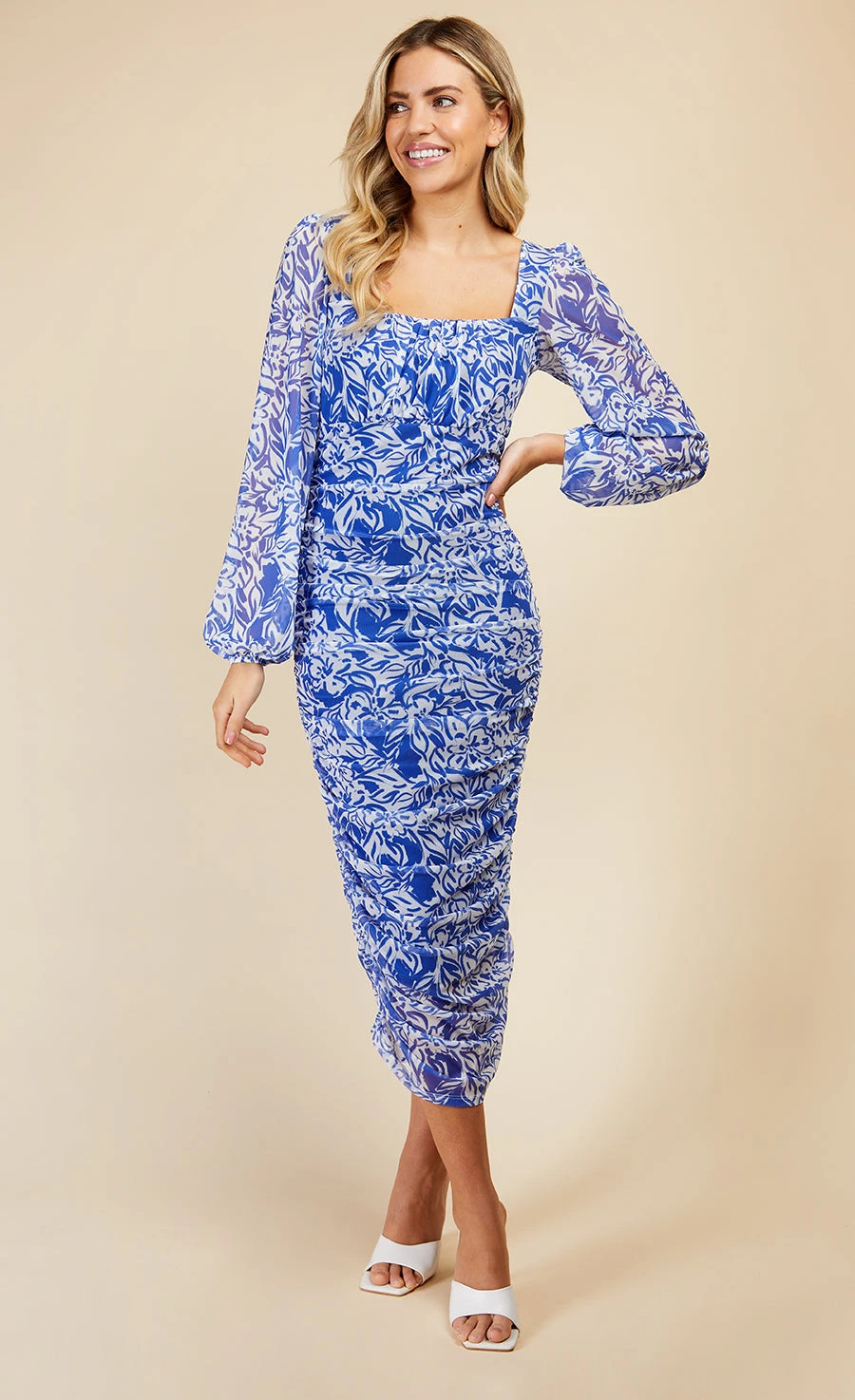 Little Mistress Blue Floral Print Ruched Midi Bodycon Dress 3 Little Mistress Blue Floral Print Ruched Midi Bodycon Dress
