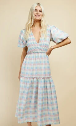 Little Mistress Pastel Check Puff Sleeve Midi Dress -Occasion Couture Shop D34007R1A 2