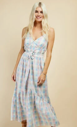 Little Mistress Pastel Check Button Detail Midi Dress -Occasion Couture Shop D34008R1A 2