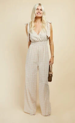 Little Mistress Beige Check Tie Strap Jumpsuit