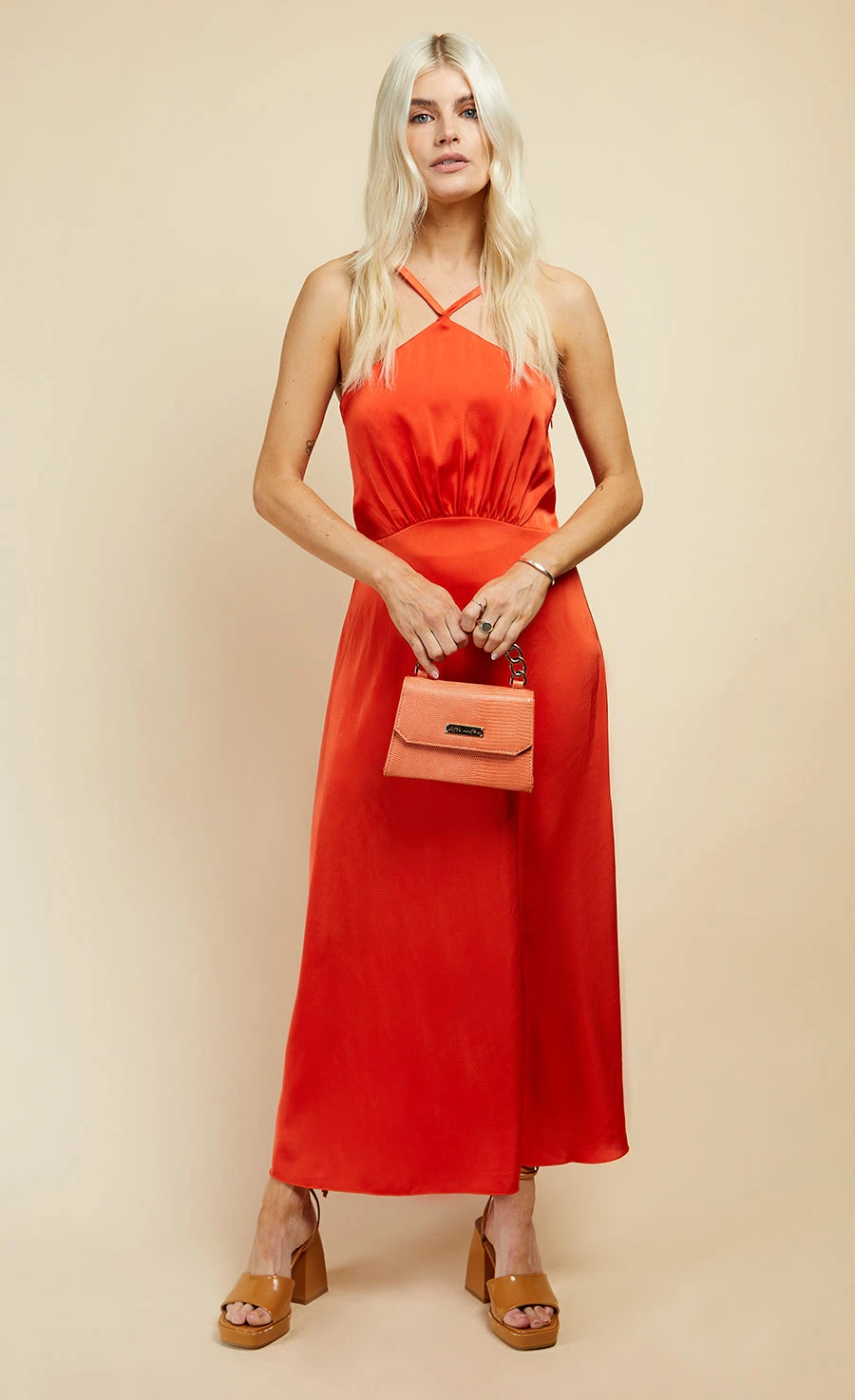 Little Mistress Orange Satin Midi Dress 3 Little Mistress Orange Satin Midi Dress