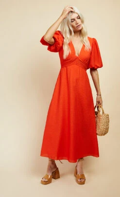 Little Mistress Orange Textured Puff Sleeve Midi Dress