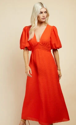 Little Mistress Orange Textured Puff Sleeve Midi Dress -Occasion Couture Shop D34018R1A 2